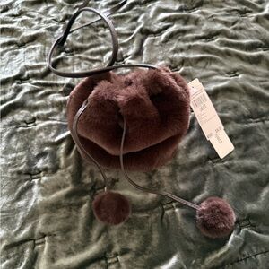 NWT - Faux Fur Pom Drawstring Crossbody Bag - Brown - $10 With Any Purchases!!